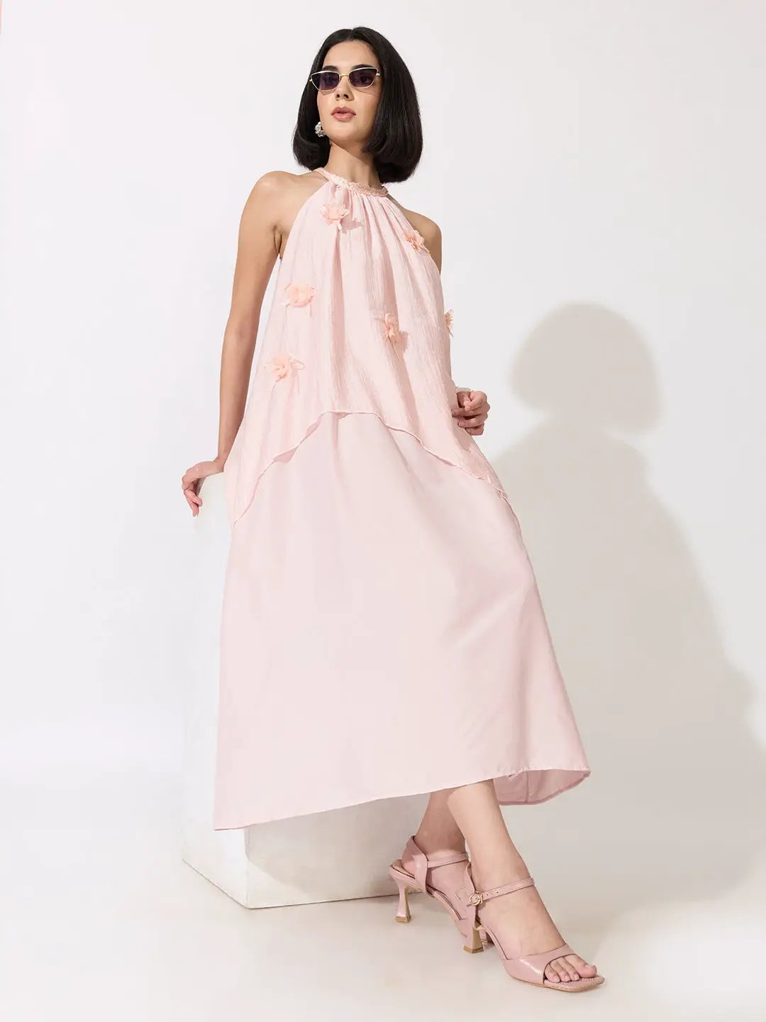 Women's Pink Halter Neck  Maxi Dress with Floral Appliqué