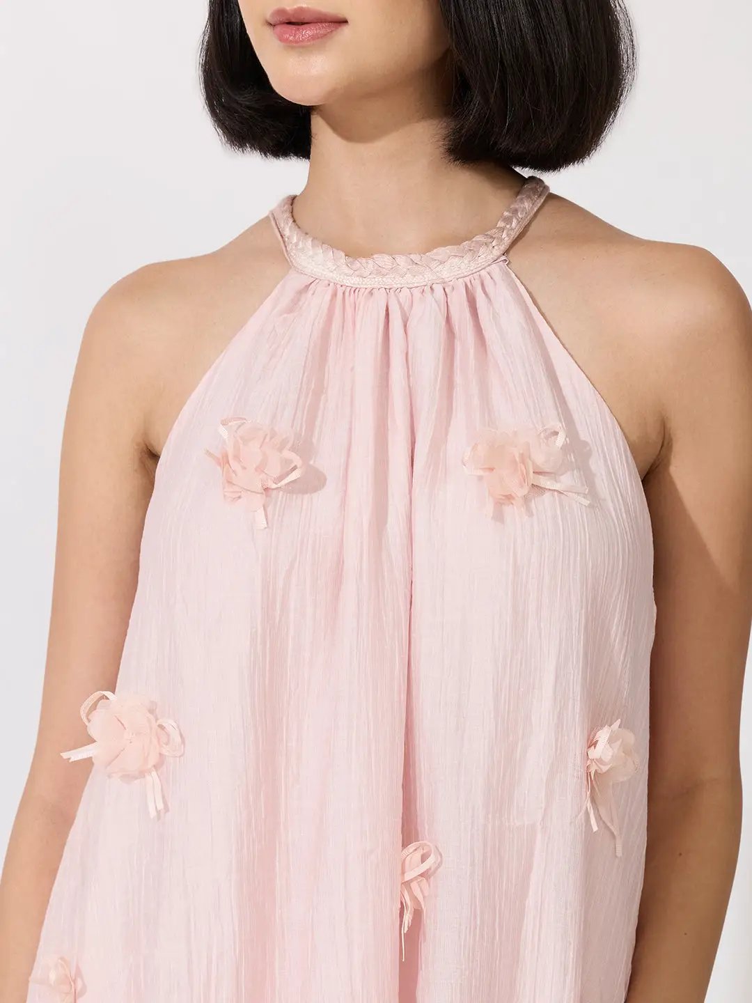 Women's Pink Halter Neck  Maxi Dress with Floral Appliqué