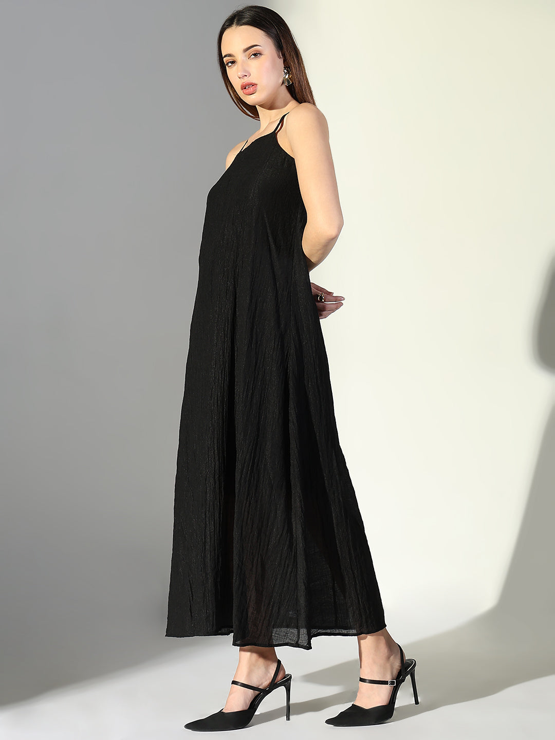 Women's Black Solid A-Line Dress With Drape Over
