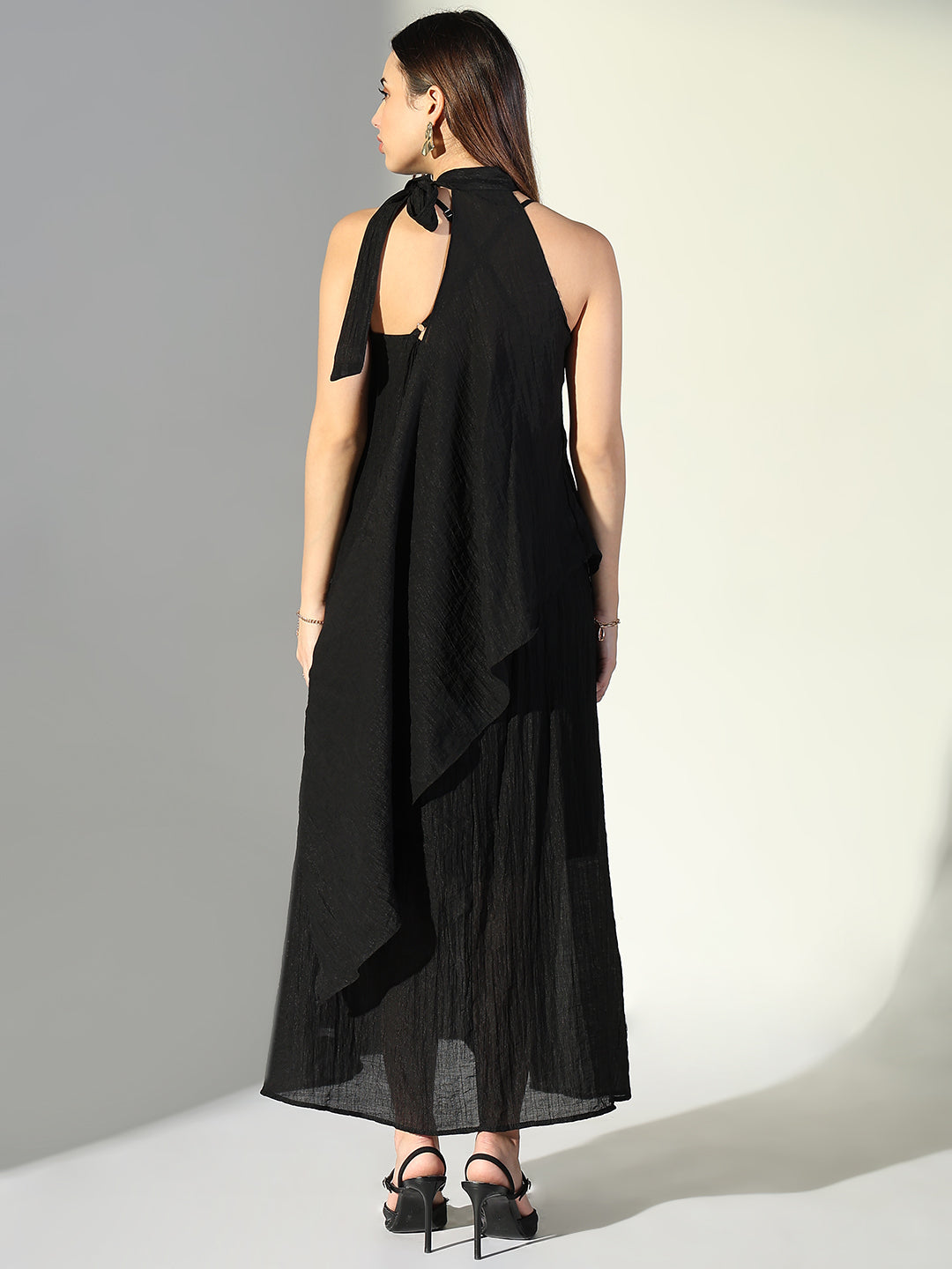 Women's Black Solid A-Line Dress With Drape Over
