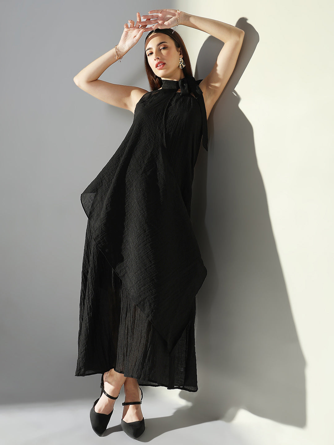 Women's Black Solid A-Line Dress With Drape Over