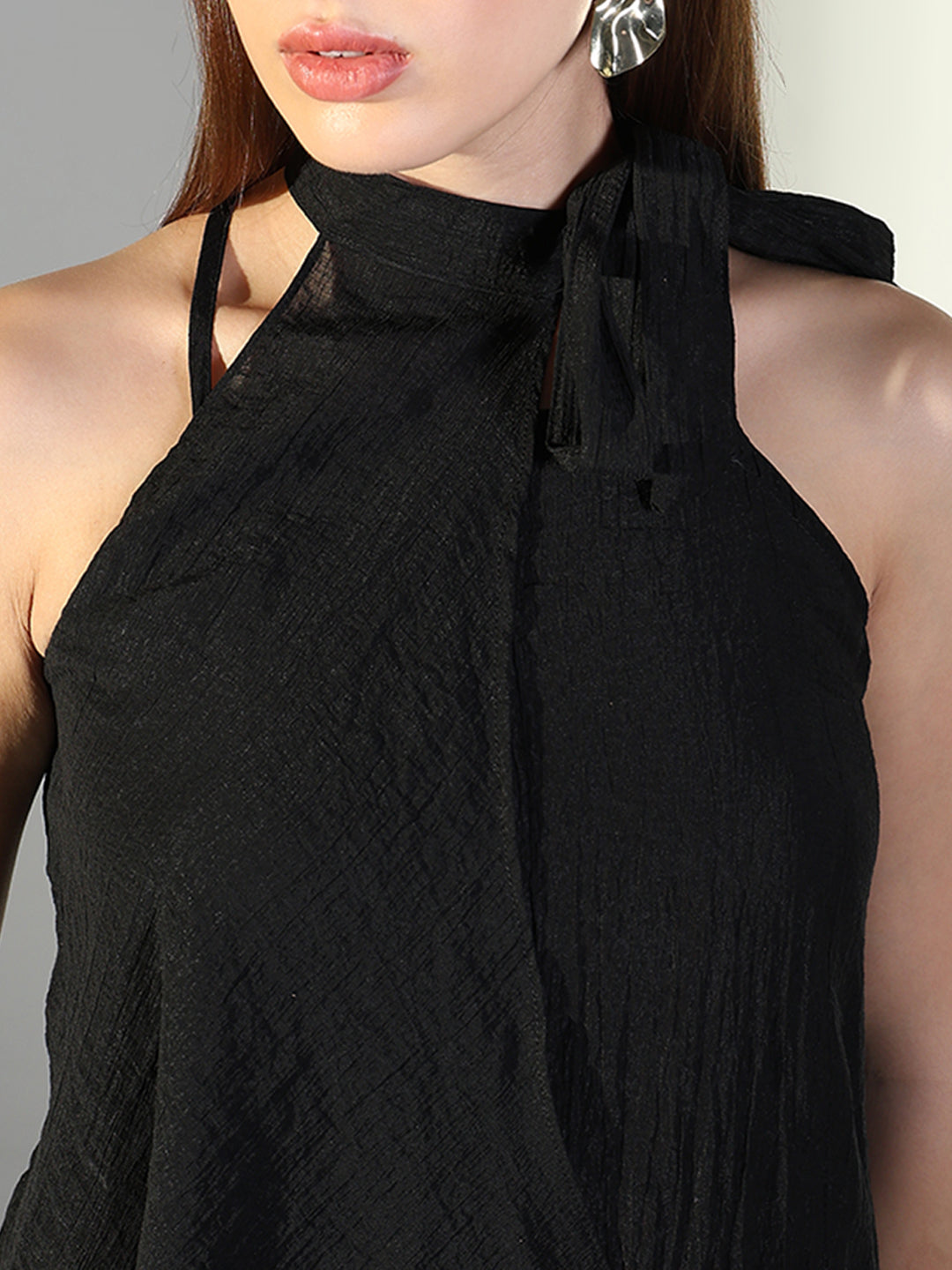 Women's Black Solid A-Line Dress With Drape Over