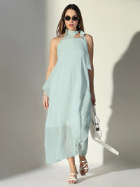 Women's Blue Solid A-Line Dress With Drape Over