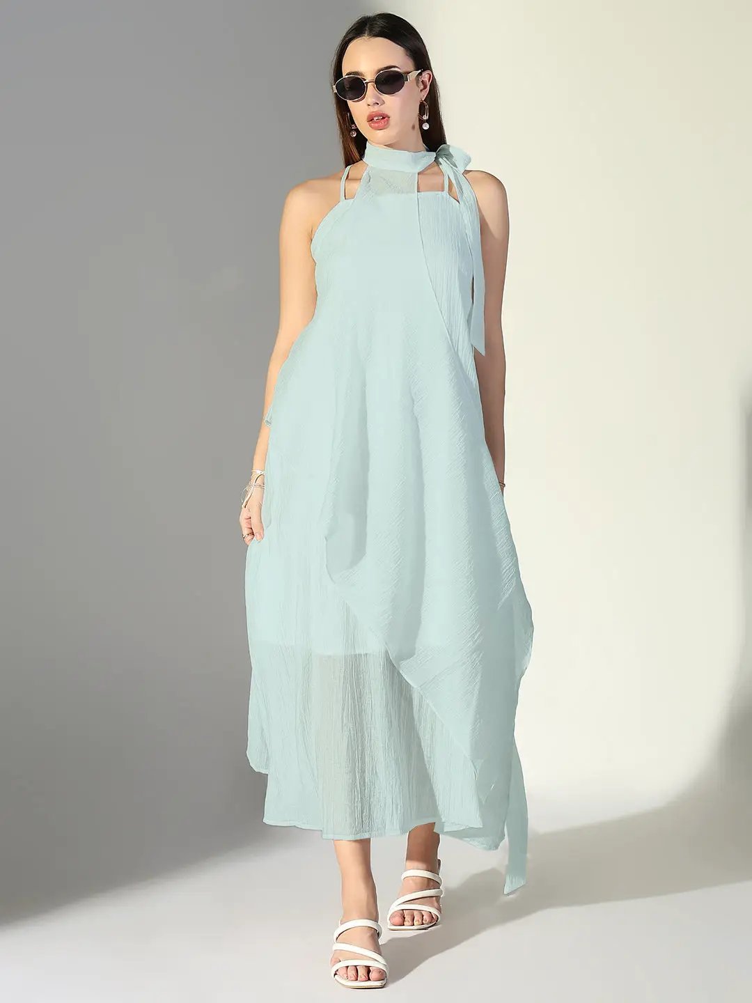 Women's Blue Solid A-Line Dress With Drape Over
