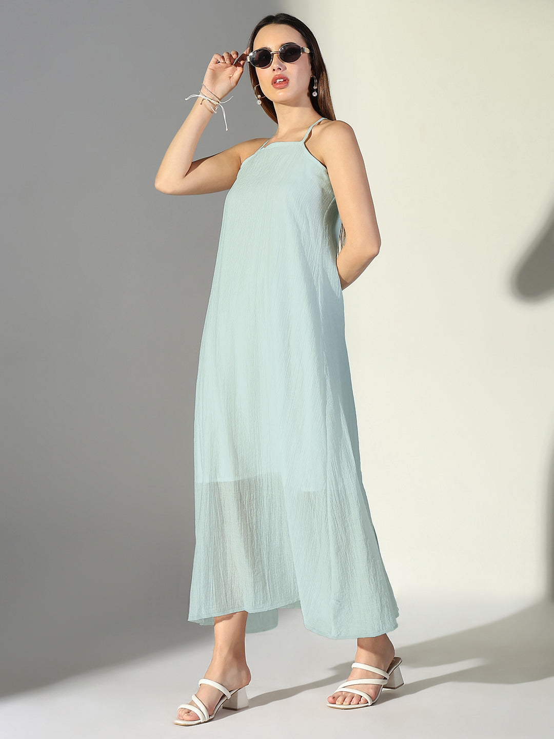 Women's Blue Solid A-Line Dress With Drape Over