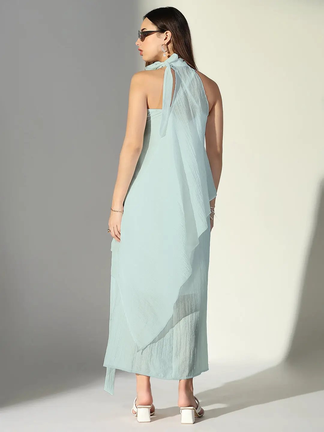 Women's Blue Solid A-Line Dress With Drape Over