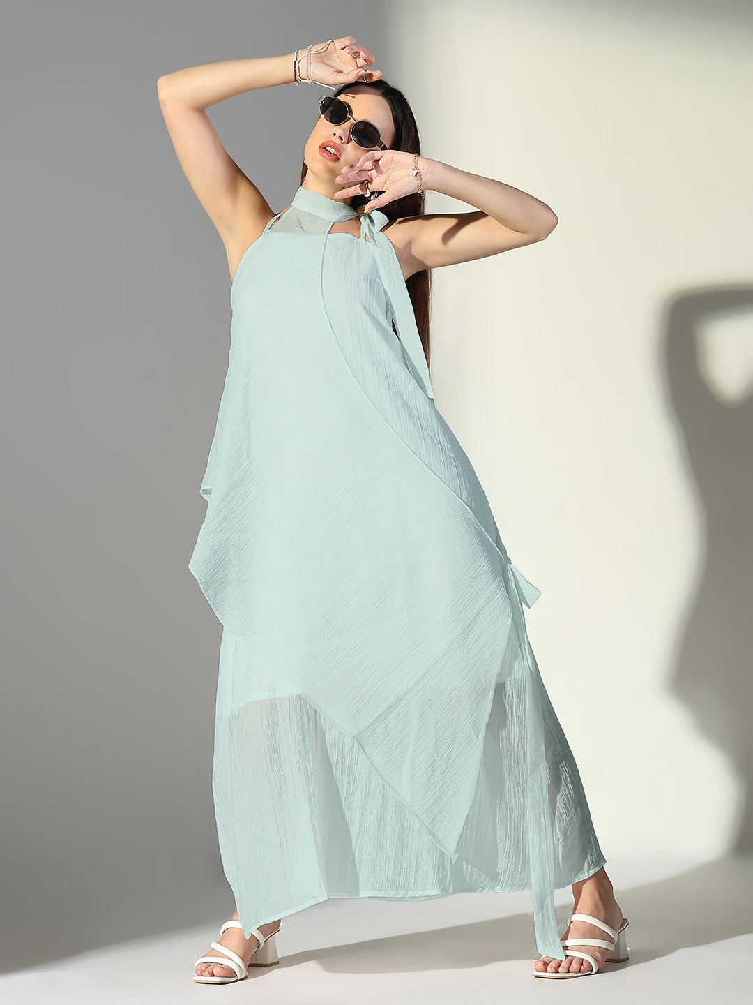 Women's Blue Solid A-Line Dress With Drape Over