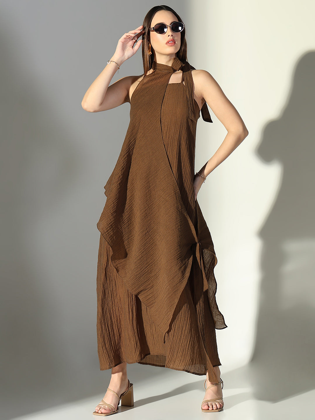 Women's Brown Solid A-Line Dress With Drape Over