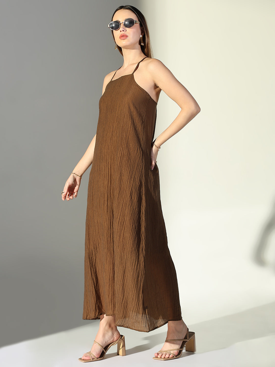Women's Brown Solid A-Line Dress With Drape Over