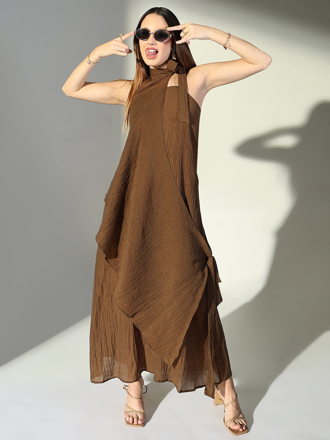 Women's Brown Solid A-Line Dress With Drape Over