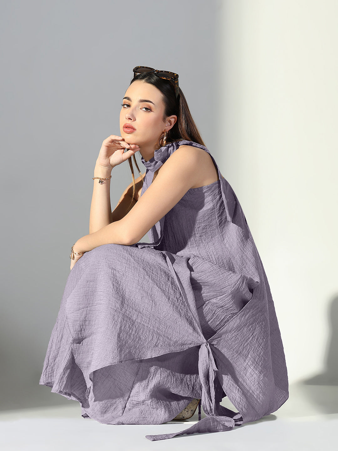 Women's Grey Solid A-Line Dress With Drape Over