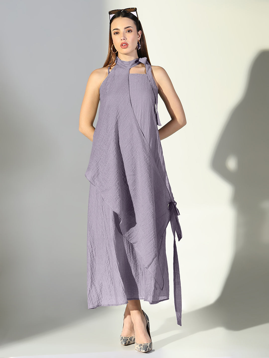 Women's Grey Solid A-Line Dress With Drape Over