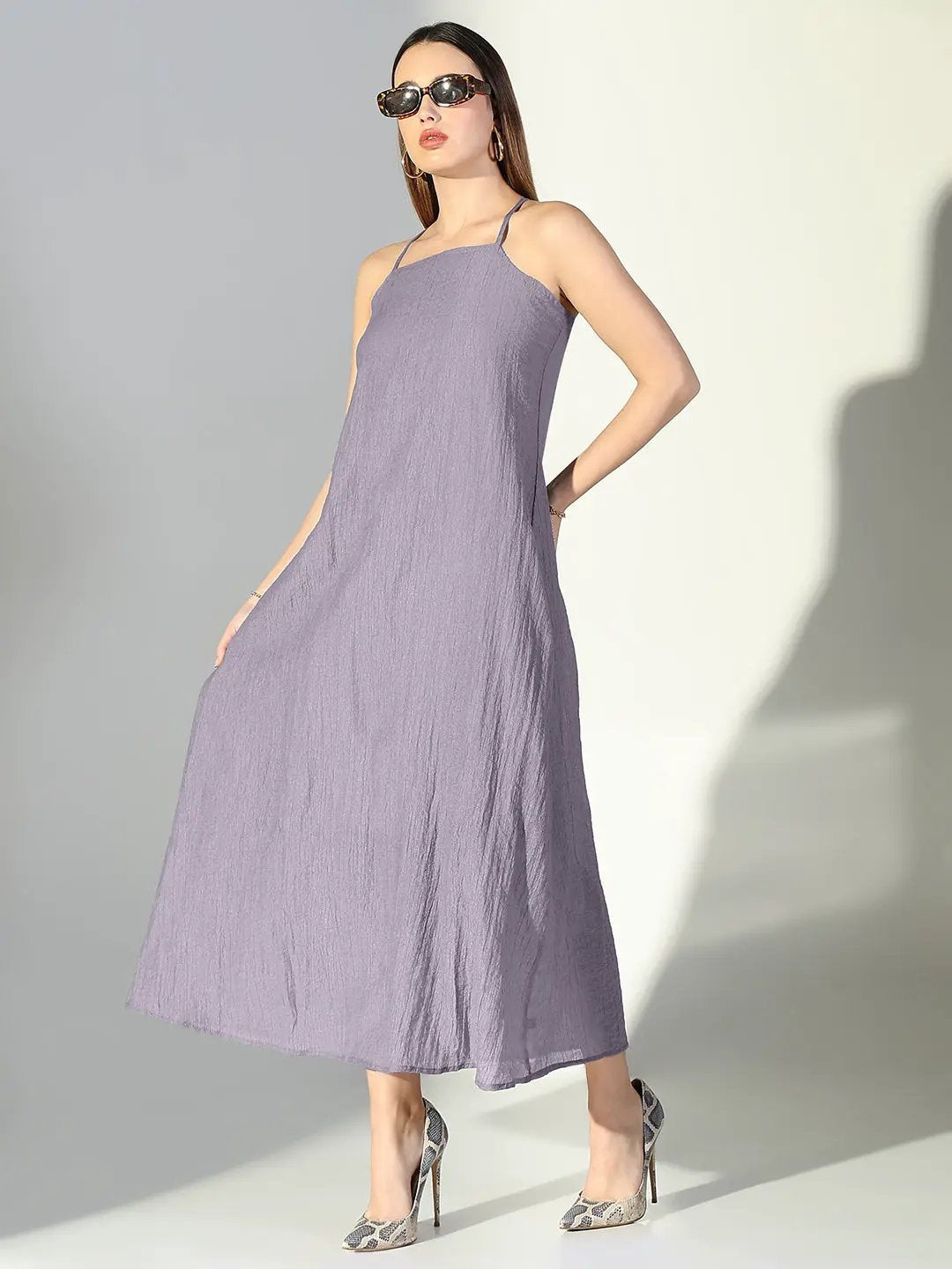 Women's Grey Solid A-Line Dress With Drape Over