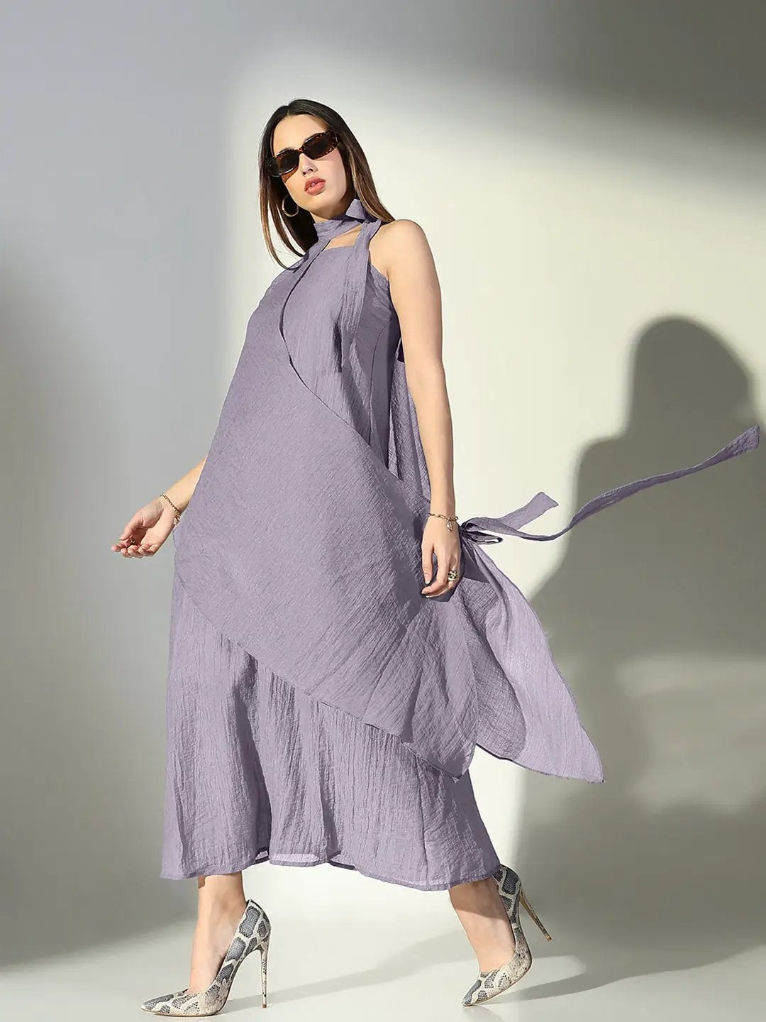 Women's Grey Solid A-Line Dress With Drape Over