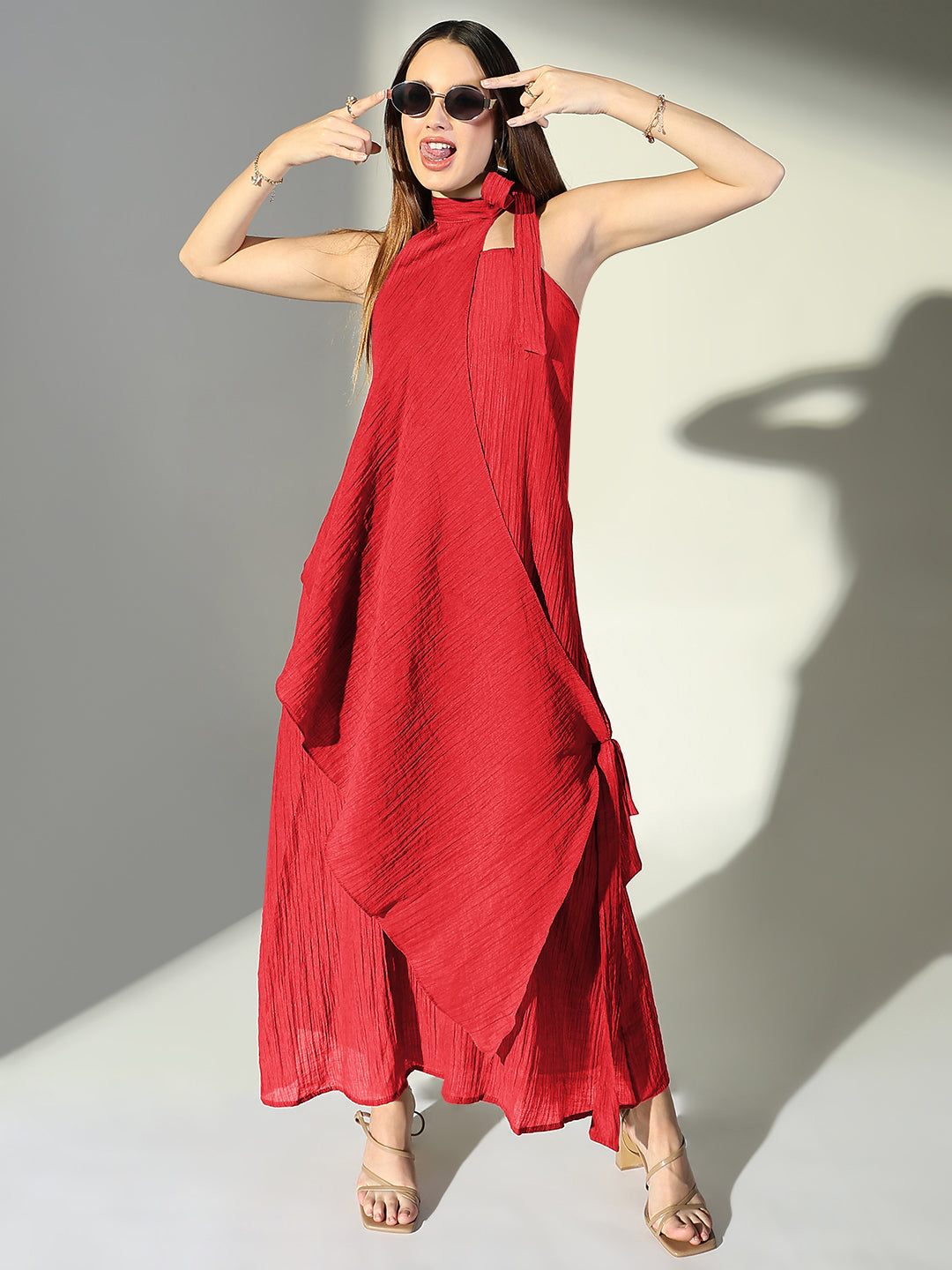 Women's Red Solid A-Line Dress With Drape Over