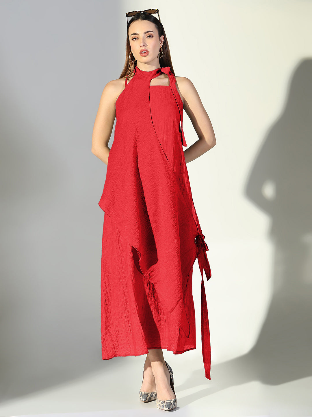 Women's Red Solid A-Line Dress With Drape Over