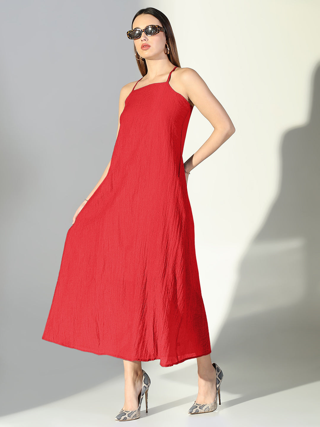 Women's Red Solid A-Line Dress With Drape Over