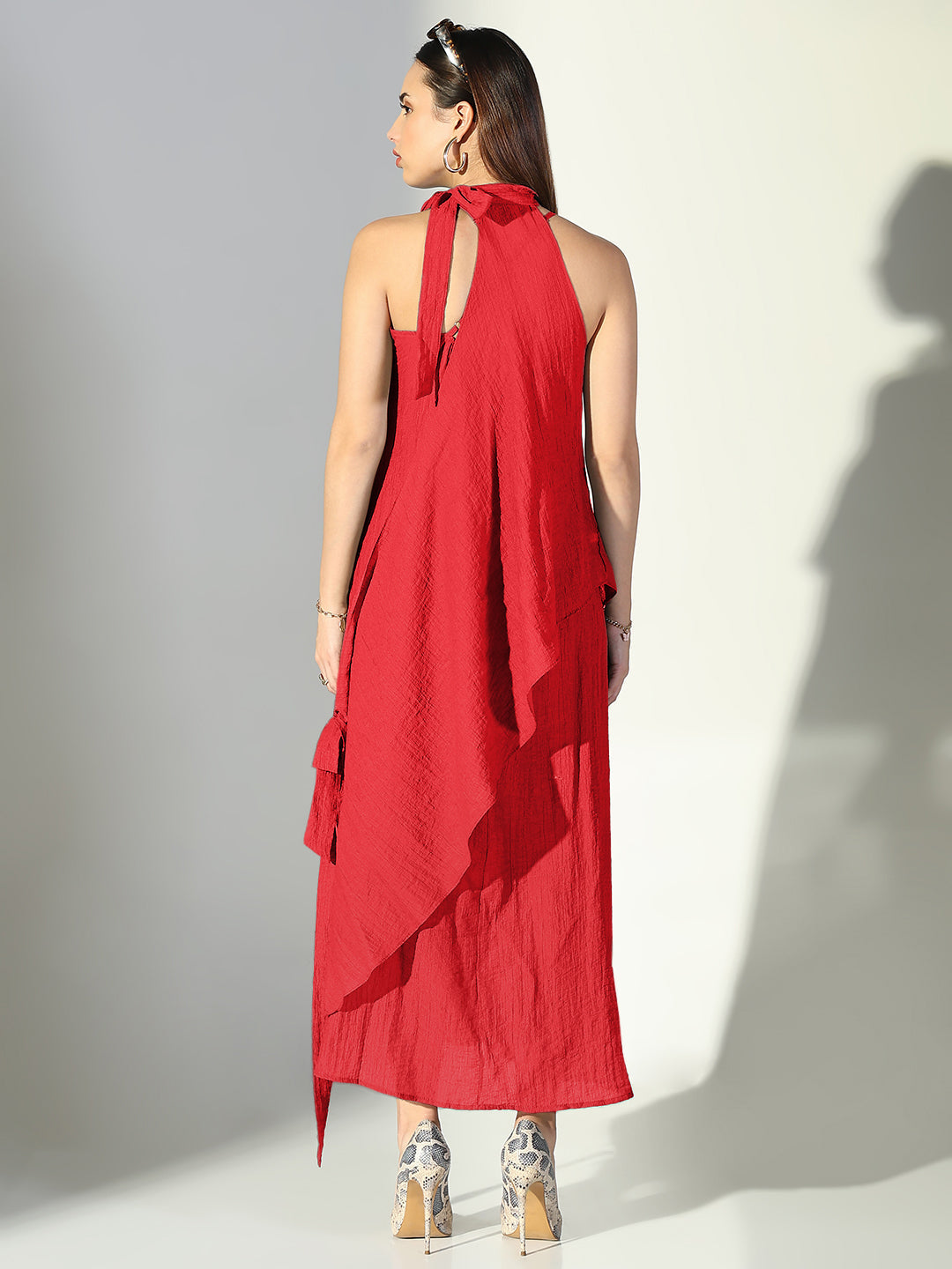 Women's Red Solid A-Line Dress With Drape Over