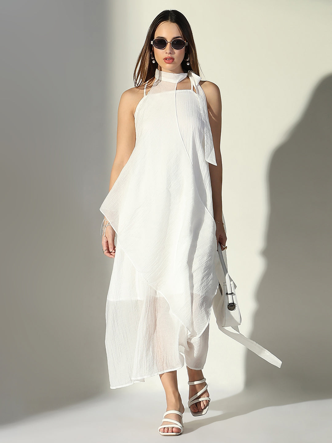 Women's White Solid A-Line Dress With Drape Over