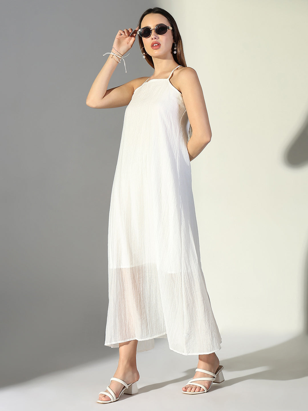 Women's White Solid A-Line Dress With Drape Over