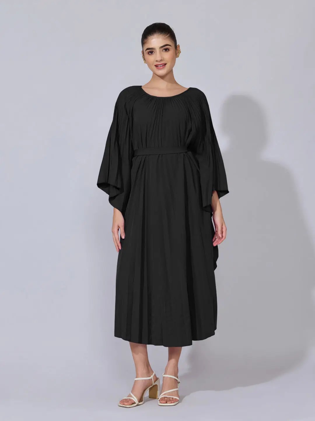 Women's Pleated Black Midi Kaftan Dress