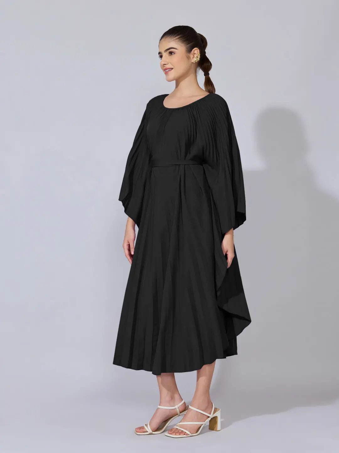 Women's Pleated Black Midi Kaftan Dress