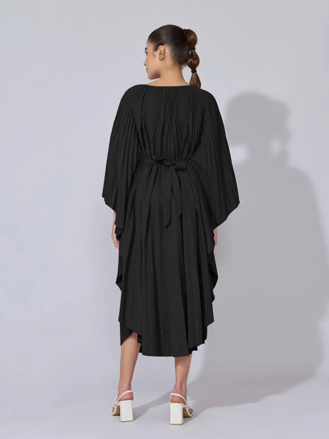 Women's Pleated Black Midi Kaftan Dress