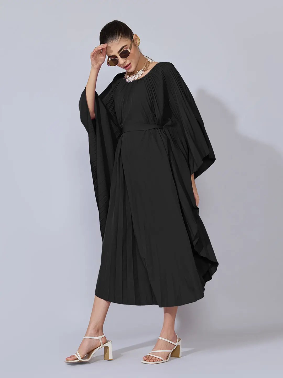 Women's Pleated Black Midi Kaftan Dress