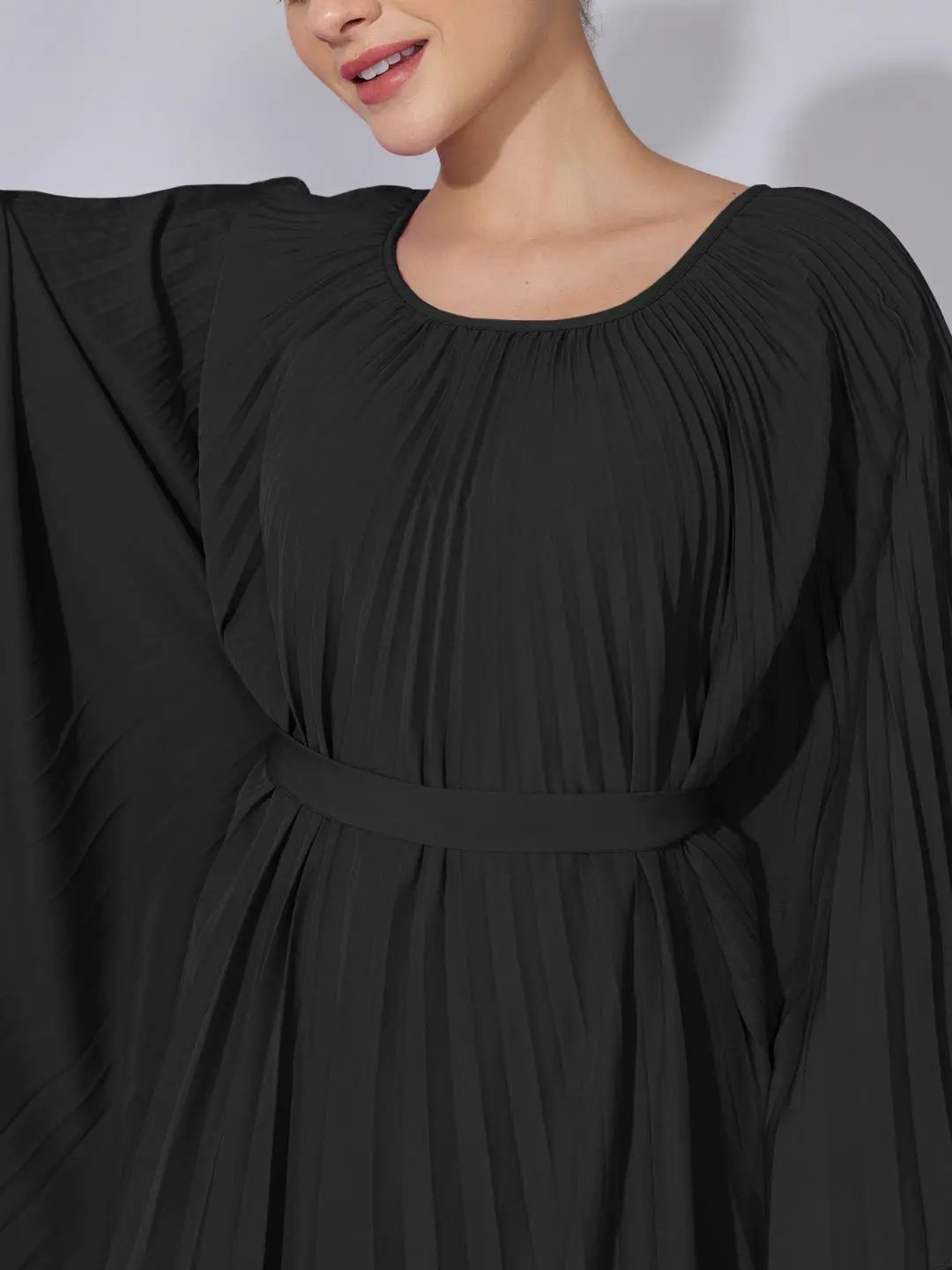 Women's Pleated Black Midi Kaftan Dress