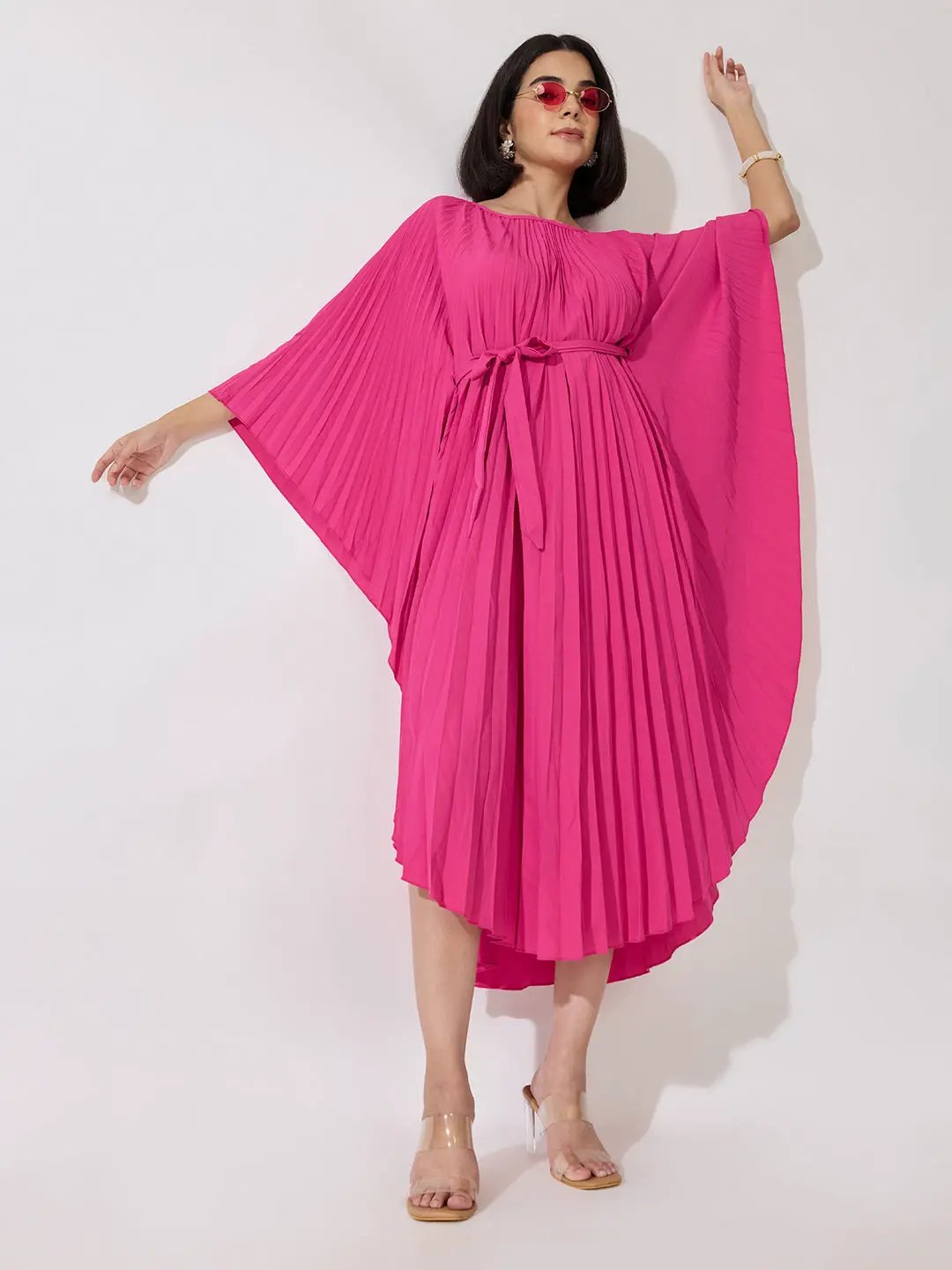 Women's Pleated Pink Midi Kaftan Dress