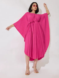 Women's Pleated Pink Midi Kaftan Dress