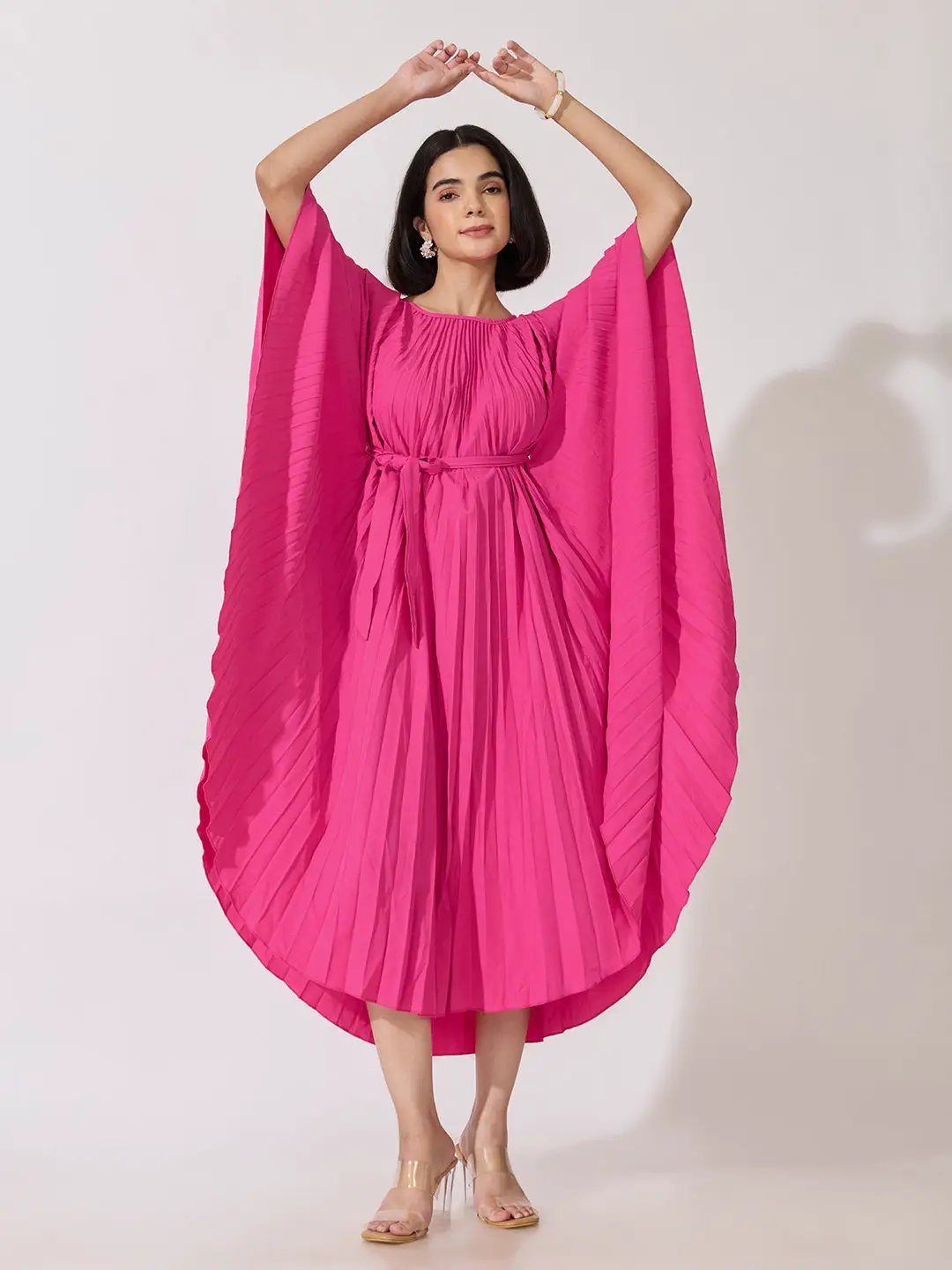 Women's Pleated Pink Midi Kaftan Dress
