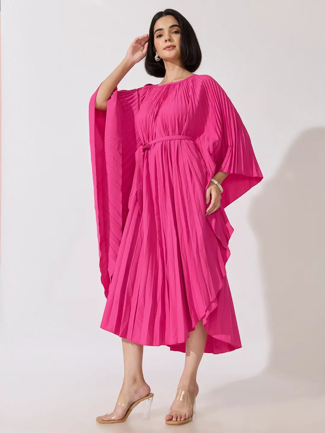 Women's Pleated Pink Midi Kaftan Dress