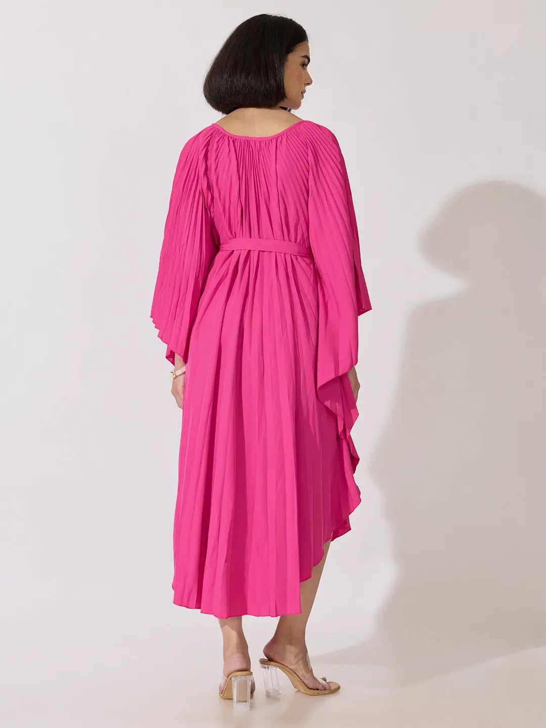 Women's Pleated Pink Midi Kaftan Dress