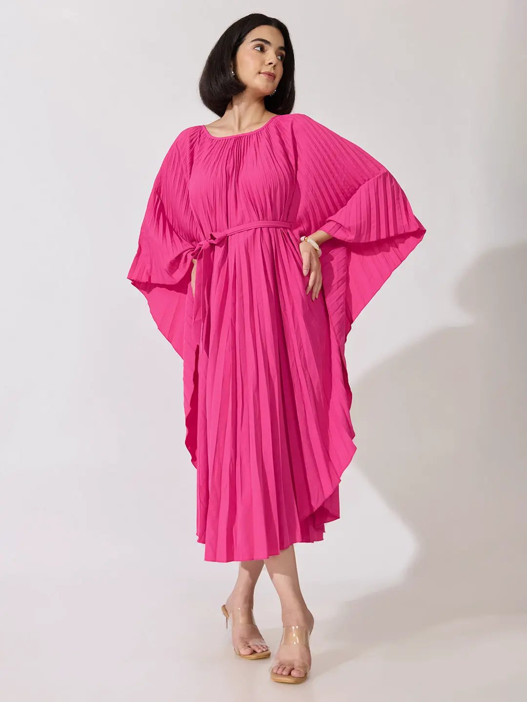 Women's Pleated Pink Midi Kaftan Dress