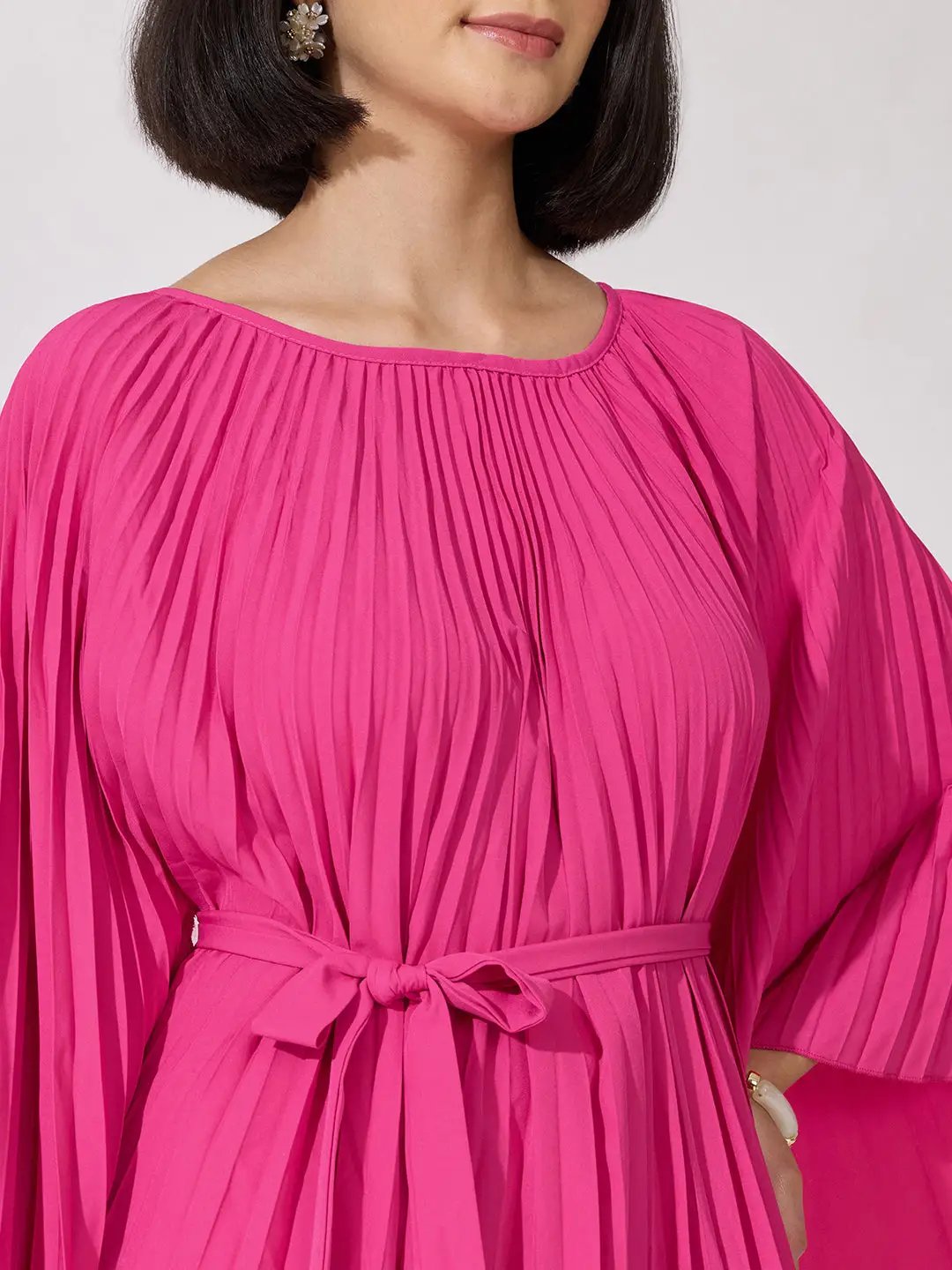 Women's Pleated Pink Midi Kaftan Dress