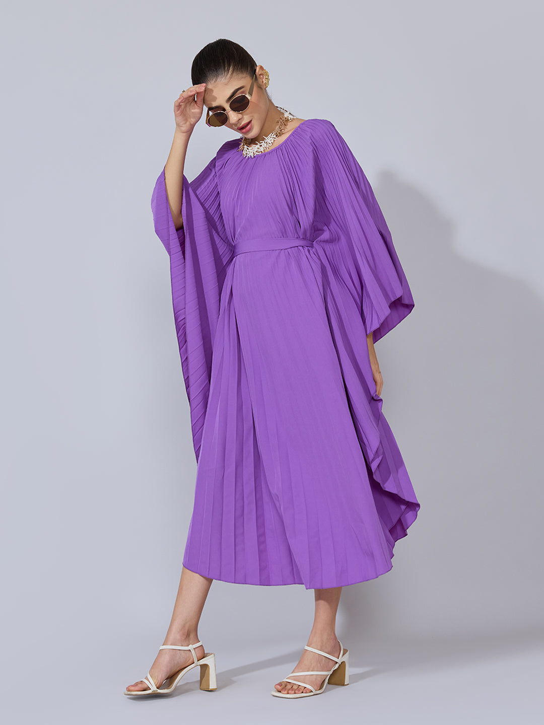 Women's Pleated Purple Midi Kaftan Dress