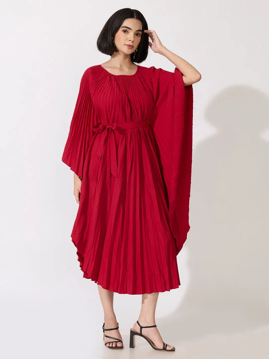Women's Pleated Red Midi Kaftan Dress