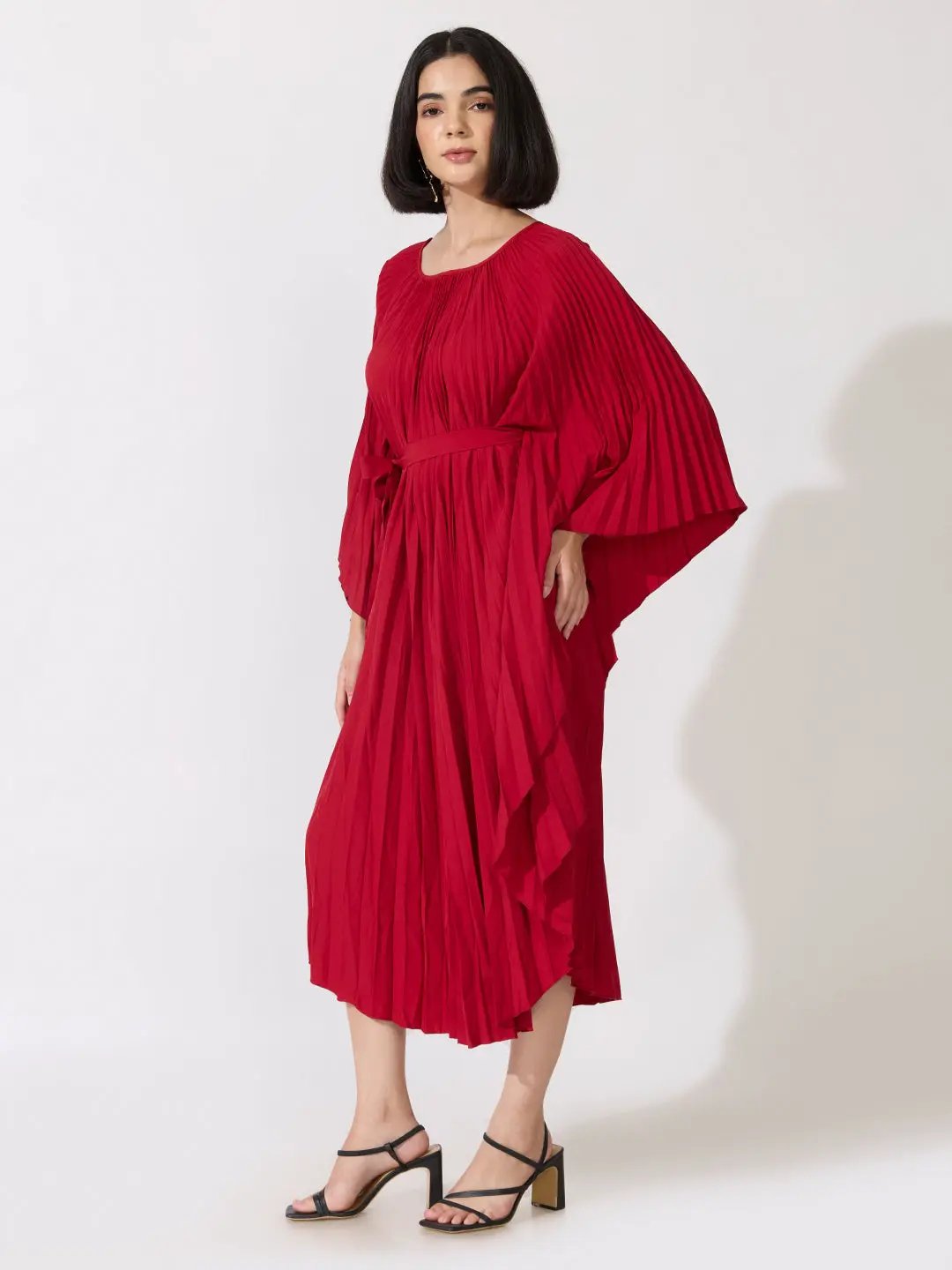 Women's Pleated Red Midi Kaftan Dress