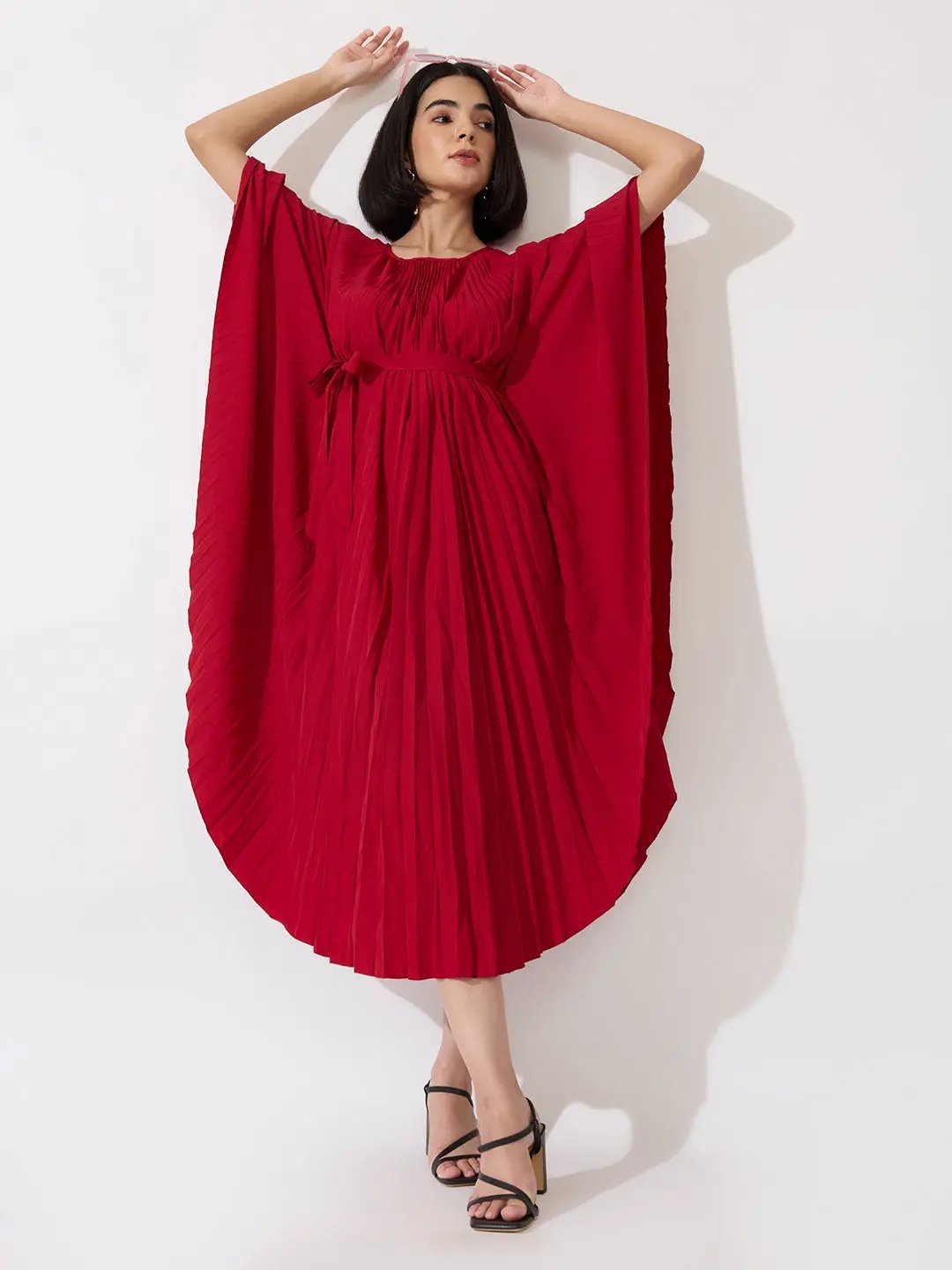 Women's Pleated Red Midi Kaftan Dress