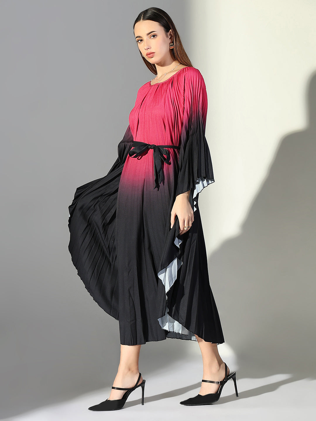 Women's Ombre Pleated Pink & Black Midi Kaftan Dress