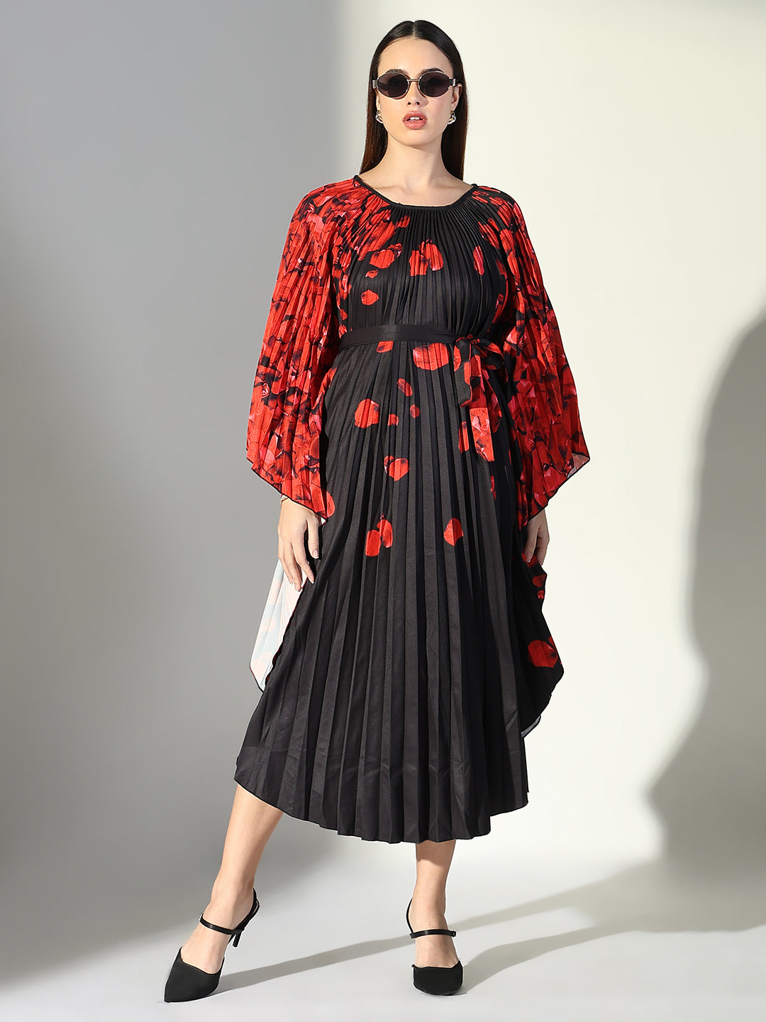 Women Black Floral Kaftan Dress with Belt