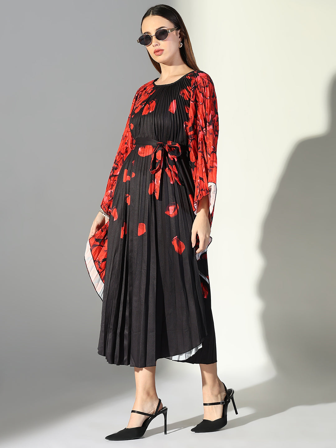 Women Black Floral Kaftan Dress with Belt