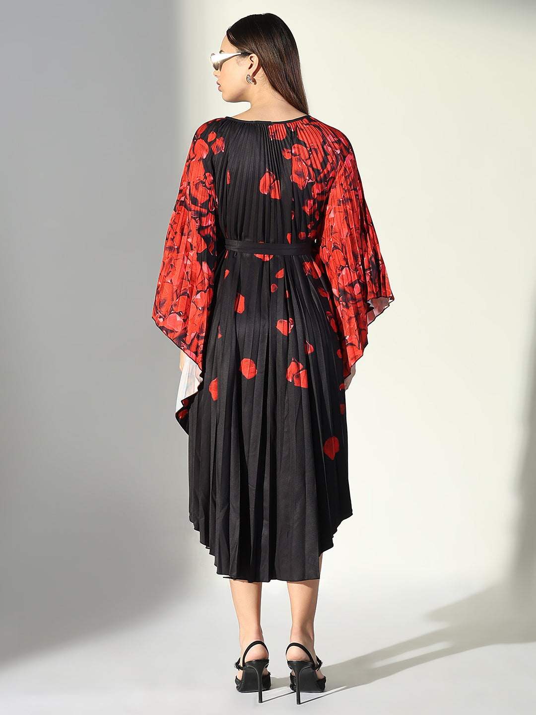 Women Black Floral Kaftan Dress with Belt