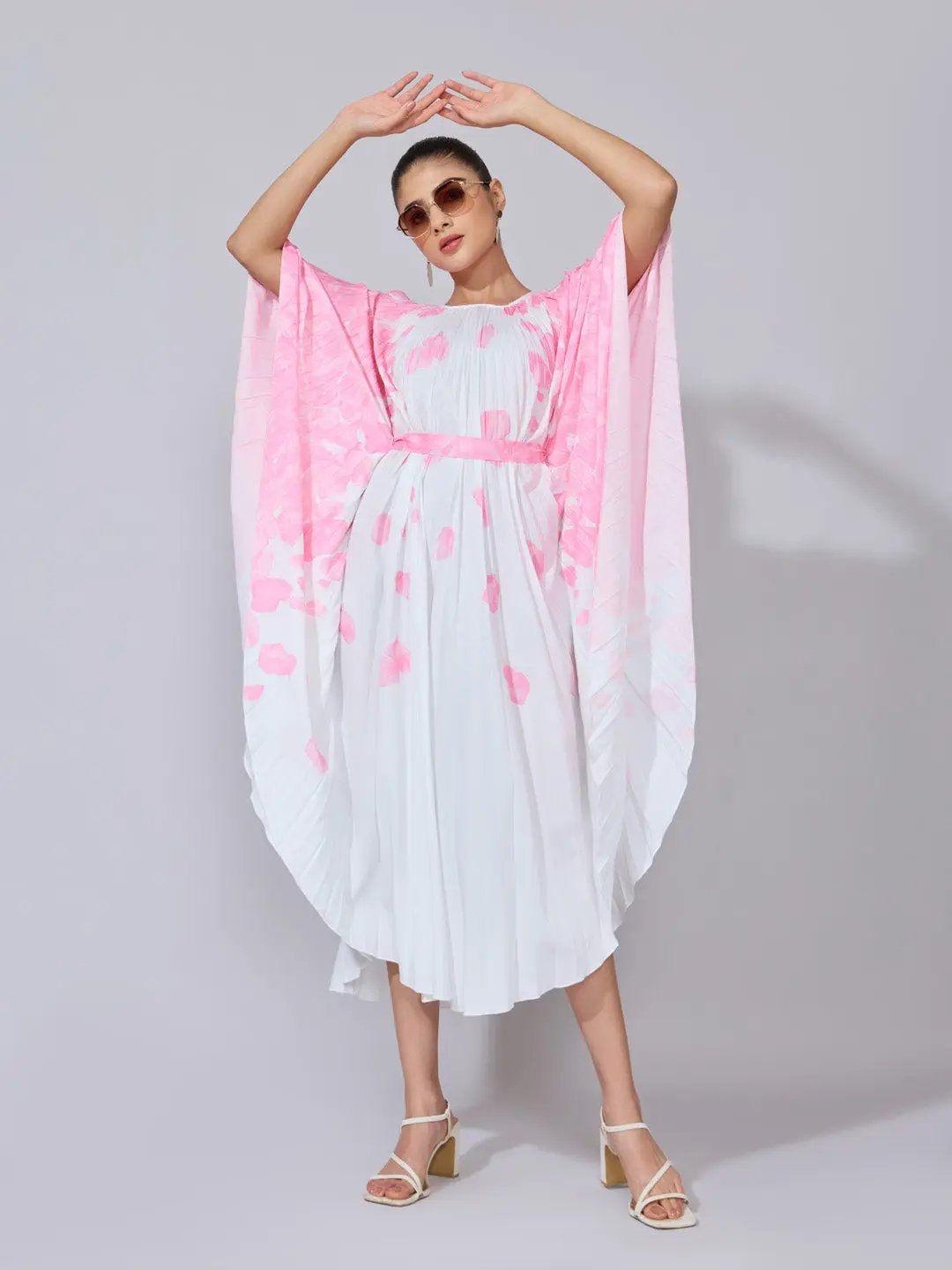 midi kaftan dresses SHOWOFFFF Edition Women's Floral Printed Pink Pleated Midi Kaftan Dress
