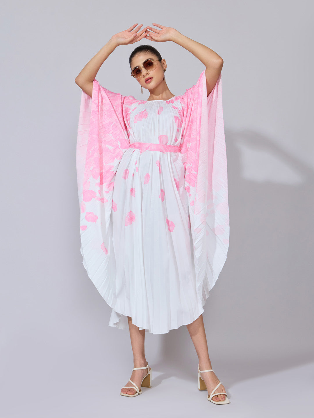 Women's Floral Printed Pink Pleated Midi Kaftan Dress
