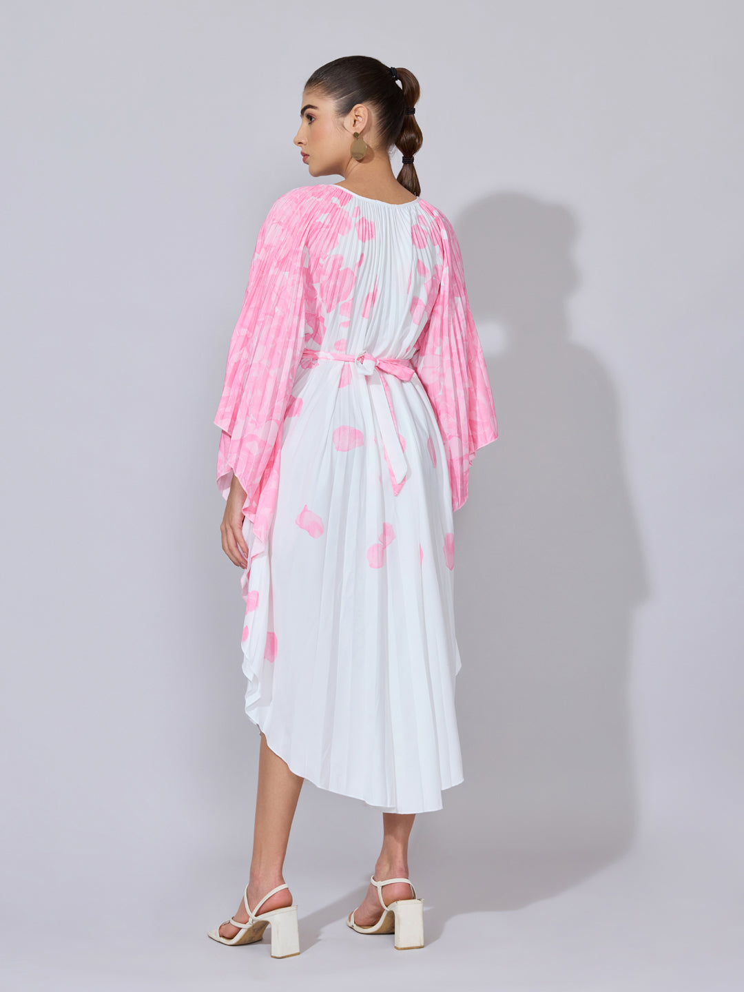 Women's Floral Printed Pink Pleated Midi Kaftan Dress