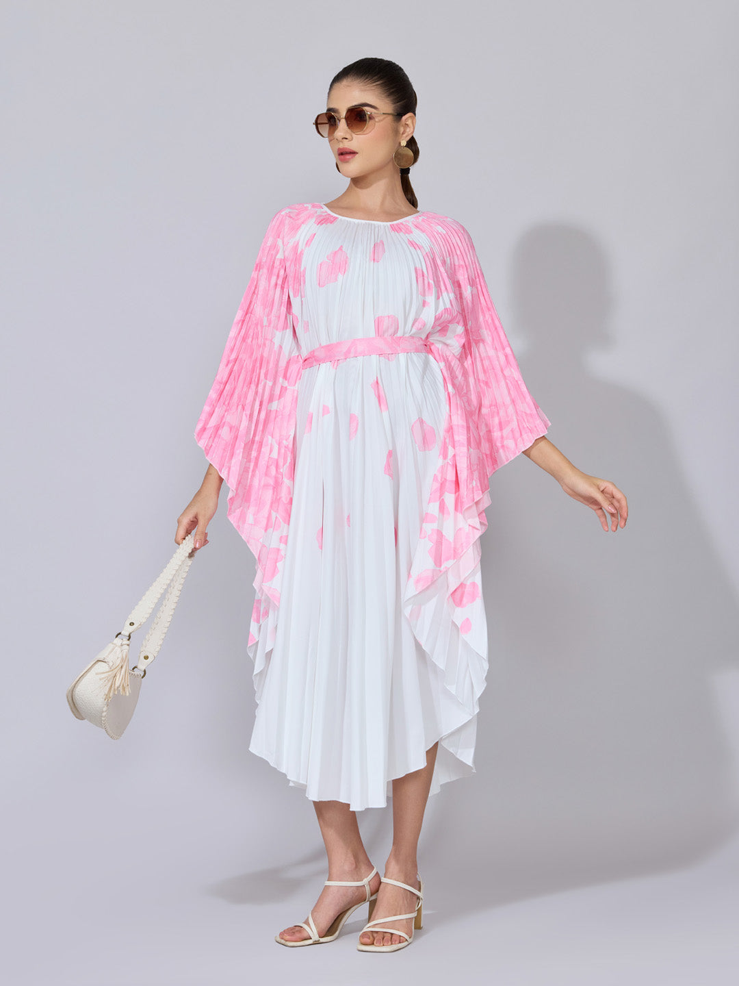 Women's Floral Printed Pink Pleated Midi Kaftan Dress