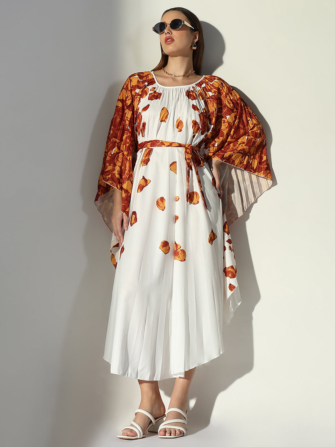 Women White Floral Kaftan Dress with Belt