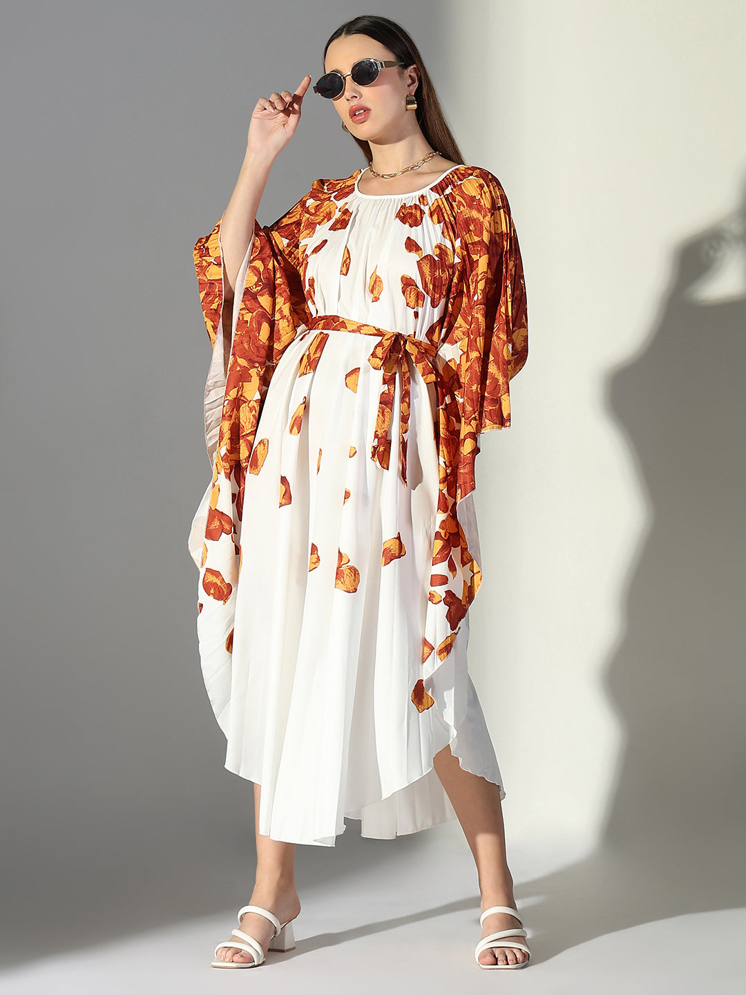 Women White Floral Kaftan Dress with Belt